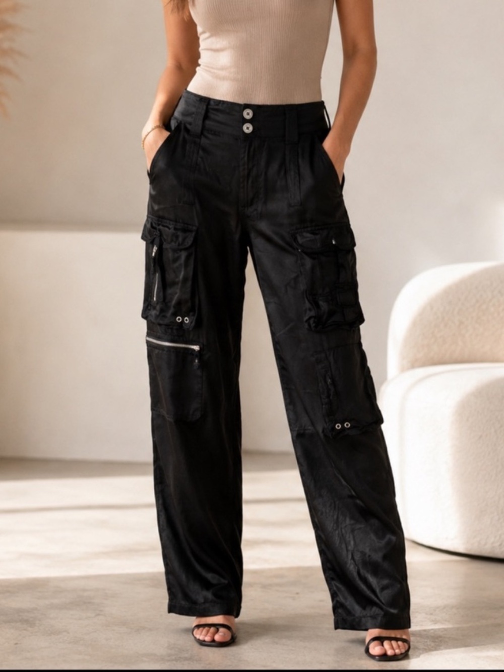 Pete & Greta by Johnny Was Black Wide-Leg Cargo Pants Women’s Size 4